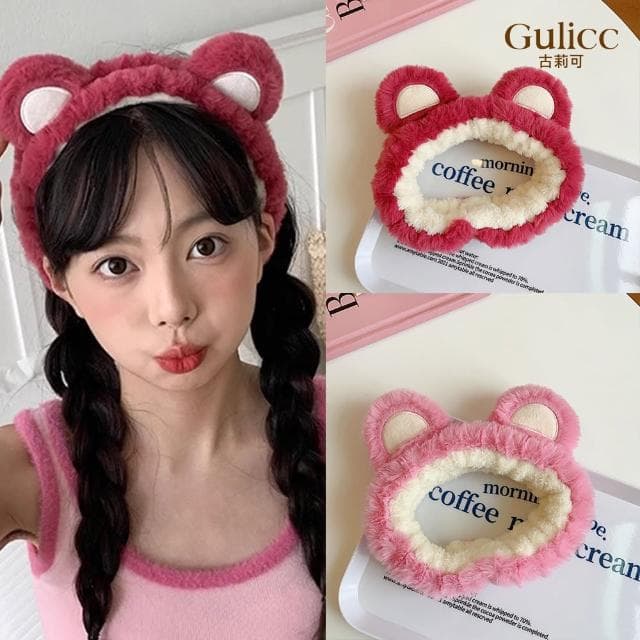 【Golicc】髮帶 可愛草莓熊 毛絨洗臉髮箍(618 七夕 情人節 生日 髮飾 頭飾 鯊魚夾 抓夾 禮物)