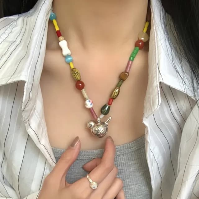 【LEEHER】女生/項鍊/多寶項鍊/滿足鳥寶/串珠項鍊/短款項鍊/小眾設計/波希米亞/可愛項鍊/高級感