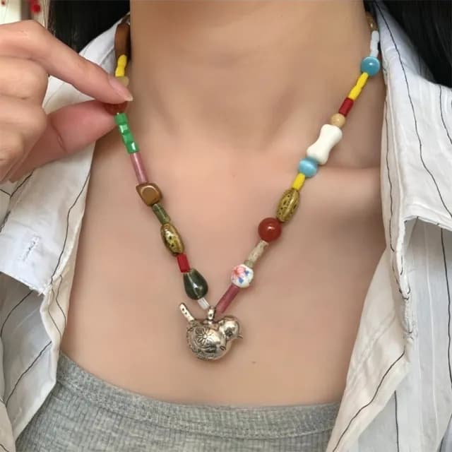 【LEEHER】女生/項鍊/多寶項鍊/滿足鳥寶/串珠項鍊/短款項鍊/小眾設計/波希米亞/可愛項鍊/高級感