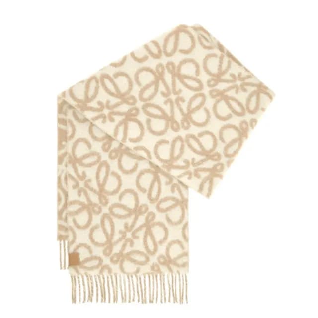 【LOEWE 羅威】Anagram 羊駝毛 羊毛 米白/海軍藍 緹花 圍巾 流蘇(New Arrival)
