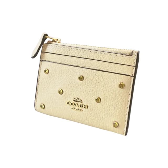 【COACH】月光水晶荔枝紋皮革前卡夾鑰匙零錢包(米黃色)