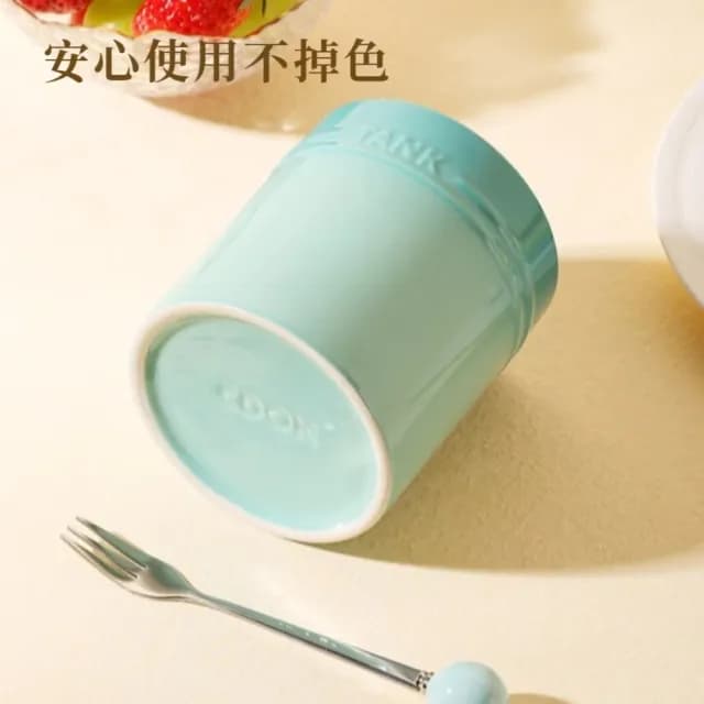【多巴胺罐】不鏽鋼水果叉子4支+陶瓷收納罐(陶瓷罐 餐具 鋼叉 甜點叉 蛋糕叉 小叉子 水果簽子 置物罐)