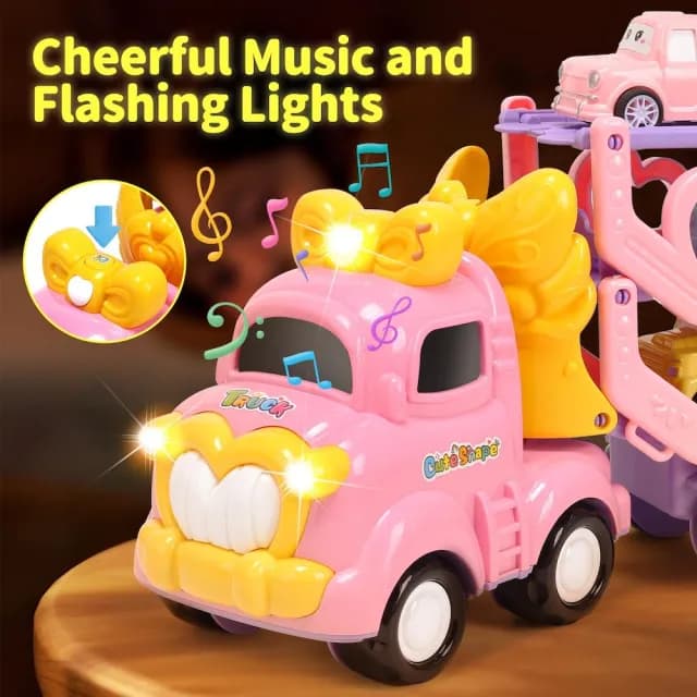 【CuteStone】仿真聲光粉紅公主三層運輸卡車套裝玩具(女孩玩具 玩具車 生日玩具 兒童益智玩具)