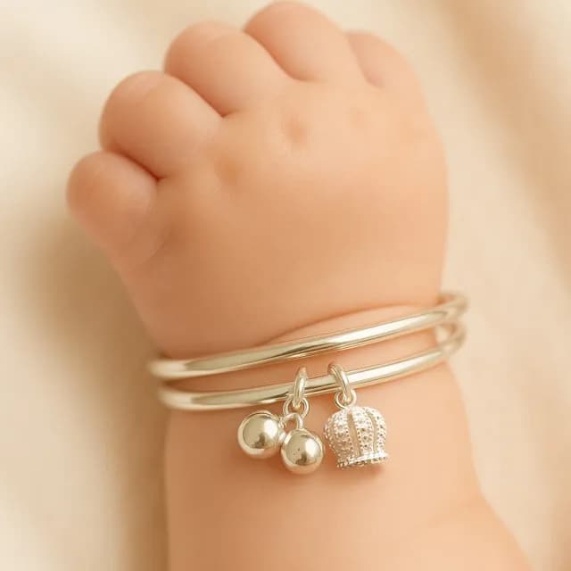 【珠兒綠】999純銀幸福皇冠搖鈴純銀手鐲-嬰兒 開運(純銀手環 手鍊 彌月禮物 附禮盒禮袋 開運)