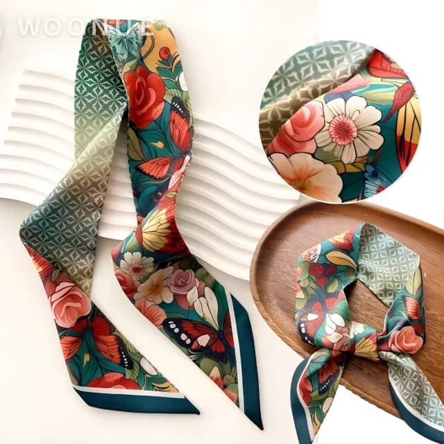 【WOONUE】春夏氣質絲綢質感長絲巾領巾圍巾飄帶綁巾髮帶(送禮母親節老婆媽媽女友閨蜜朋友姐妹禮物)