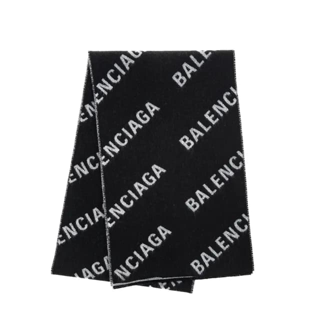 【Balenciaga 巴黎世家】經典滿版品牌小字母LOGO羊絨圍巾(黑色/灰色)
