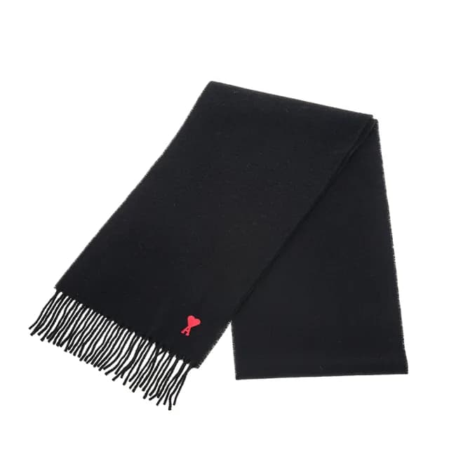 【AMI PARIS】經典品牌紅色小愛心LOGO羊絨流蘇圍巾(黑色)