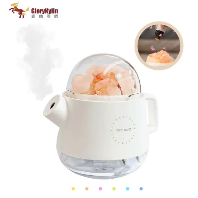【GKI 耀麟國際】水晶鹽石茶壺加濕器 精油香薰機(夜燈擴香機 空氣淨化噴霧)