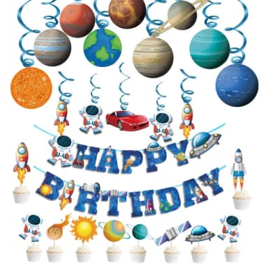 【橘魔法】森林動物 宇宙太空 生日快樂拉條+蛋糕插牌(週歲 生日快樂 場景布置 布置用品 拉條 場地)
