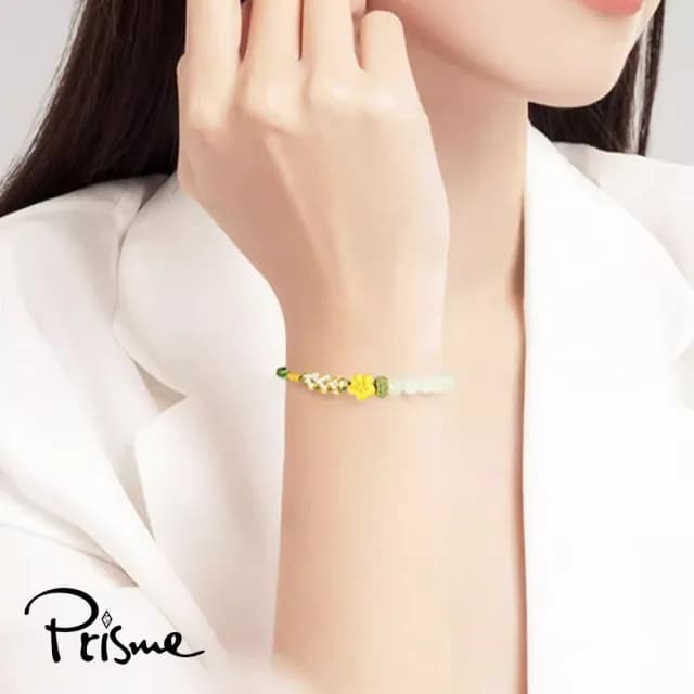 【Prisme】黃金手鍊 桃花 綠串珠編織手鍊(金重：約0.08錢±0.03)