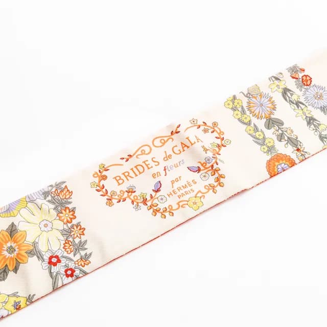 【Hermes 愛馬仕】Brides de Gala en Fleurs Twilly絲巾(香草白/橘)