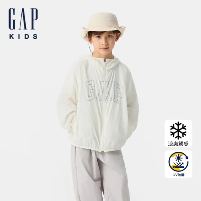 【GAP】兒童裝 Logo印花防曬連帽外套-白色(767132)