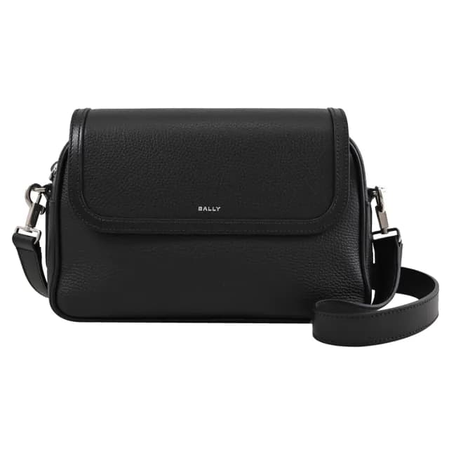 【BALLY】簡約經典烙印LOGO荔枝牛皮翻蓋斜背包(黑)