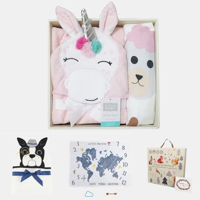 【Hudson Baby】彌月禮盒組-純棉嬰幼兒童動物連帽浴巾+嬰兒成長紀錄萬用透氣竹纖維雙層紗布包巾(哺乳巾)
