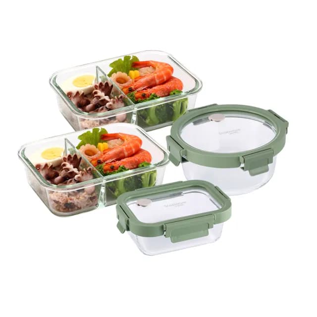 【CorelleBrands 康寧餐具】文青款可拆玻璃保鮮盒四件組-上蓋可微波(380x1+630x1+990x2)