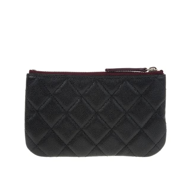 【CHANEL 香奈兒】經典雙C LOGO菱格荔枝紋牛皮銀釦拉鍊零錢包(黑色)