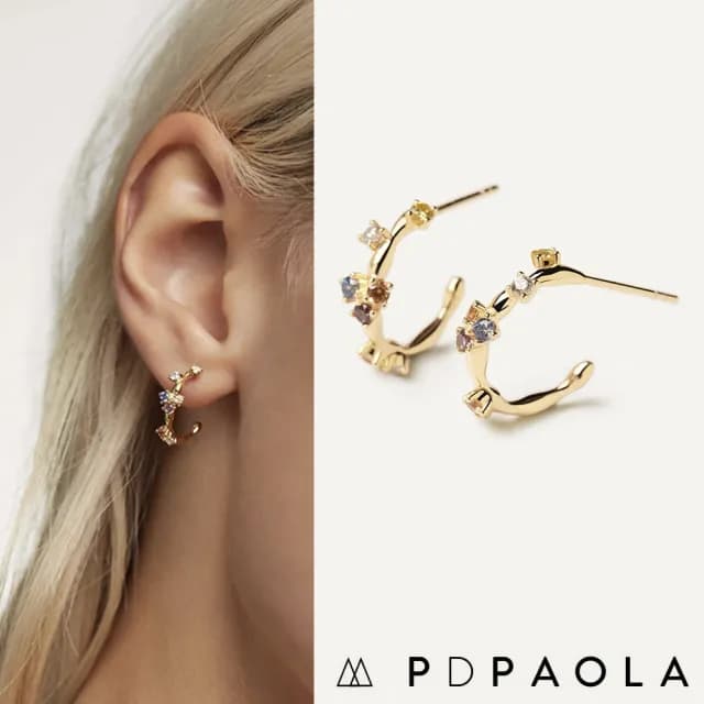 【PD PAOLA】西班牙時尚潮牌 五色彩寶 簡約C型小圓耳環 金色 FIVE(925純銀)