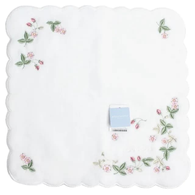 【WEDGWOOD】莓果圖樣刺繡飾邊純棉方巾(白)