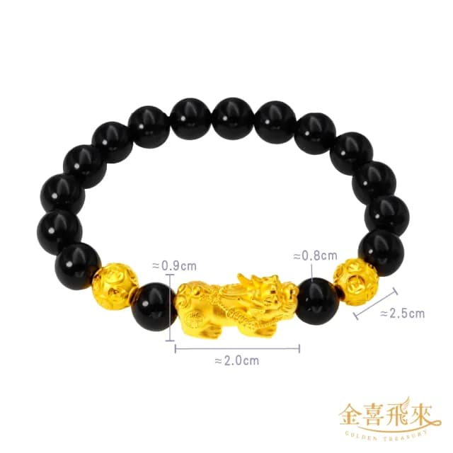 【金喜飛來】黃金手鍊貔貅雙金錢珠8mm黑瑪瑙(0.39錢±0.03)