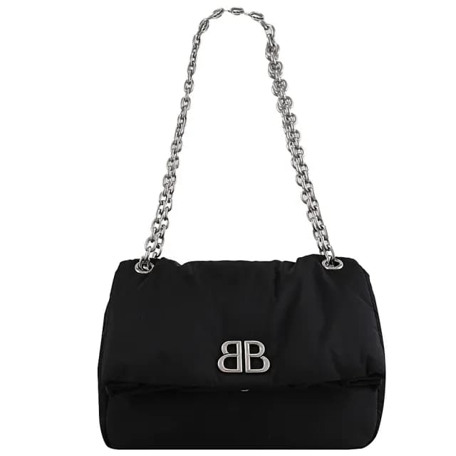 【Balenciaga 巴黎世家】MONACO 品牌雙B字金屬LOGO尼龍翻蓋三用鍊包(黑)