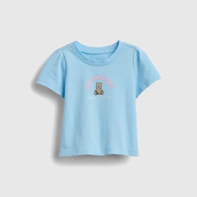 【GAP】女幼童裝 Logo純棉小熊印花圓領短袖T恤-淺藍色(778402)