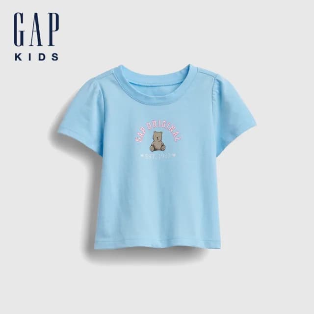 【GAP】女幼童裝 Logo純棉小熊印花圓領短袖T恤-淺藍色(778402)
