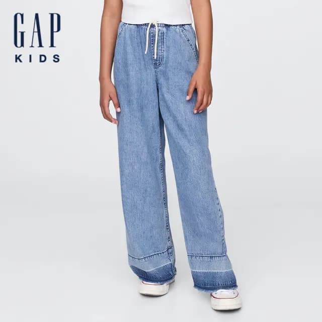 【GAP】女童裝 抽繩鬆緊牛仔褲-中度水洗(780576)