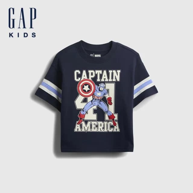 【GAP】男幼童裝 Gap x Marvel漫威聯名 純棉印花圓領短袖T恤-海軍藍(779230)