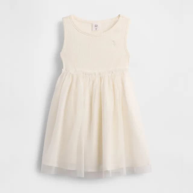 【GAP】女幼童裝 純棉小熊刺繡圓領無袖紗裙洋裝-象牙白(776628)