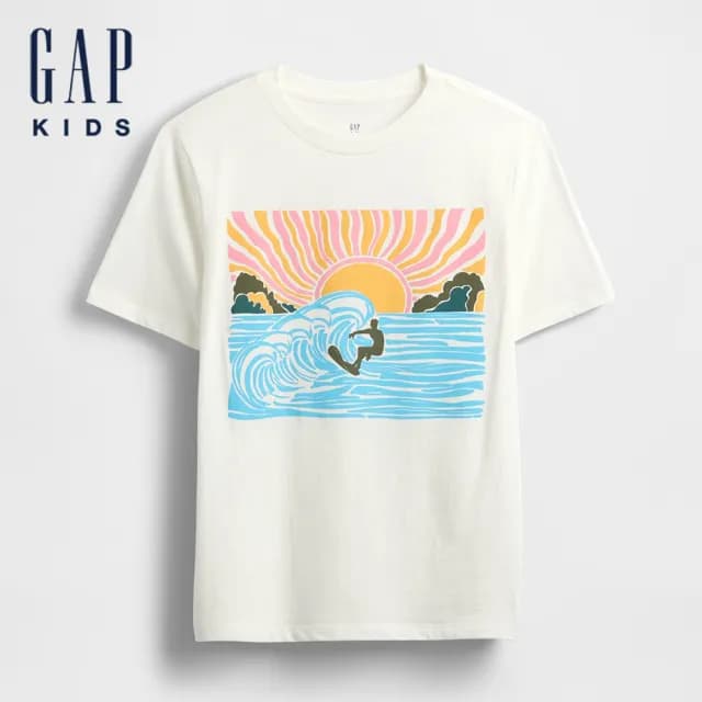 【GAP】男童裝 純棉印花圓領短袖T恤-白色衝浪(780207)