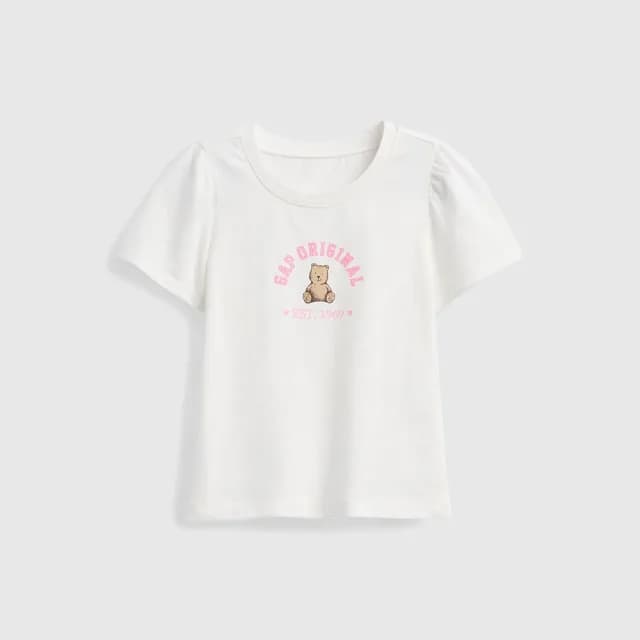 【GAP】女幼童裝 Logo純棉小熊印花圓領短袖T恤-白色(778402)