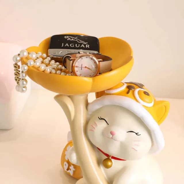 【LEZUN 樂尊】奶油風招財貓桌上可置物擺件 入戶玄關擺件(家居裝飾/喬遷禮品/鑰匙收納/桌面擺飾)