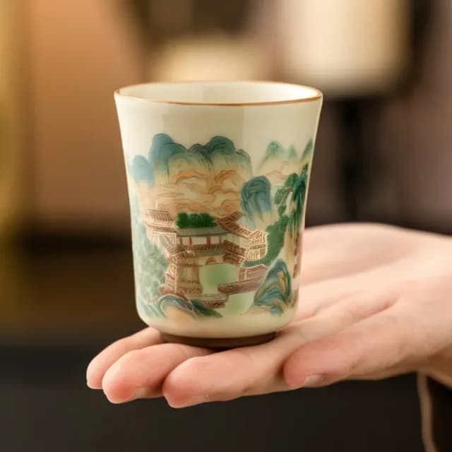 【山水之間】陶瓷五彩山水聞香茶杯(63ml 品茗杯 禮盒 功夫茶具 沖茶 茶器 泡茶碗 主人杯 入厝送禮)