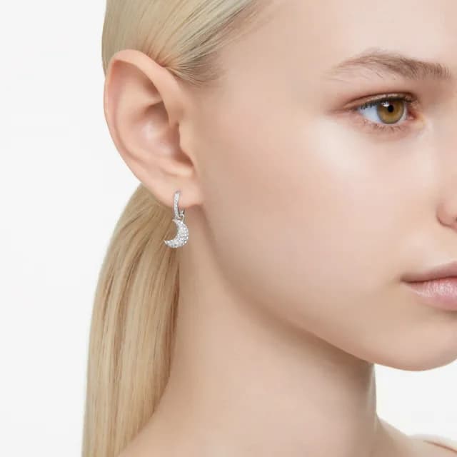 【SWAROVSKI 施華洛世奇】Sublima 水滴形耳環 月亮 白色 鍍白金色
