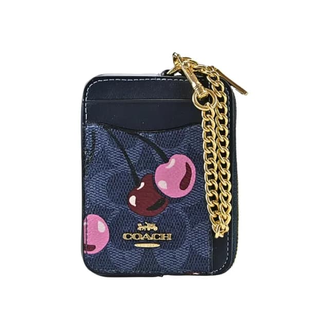 【COACH】C LOGO PVC鏈帶方型卡夾零錢包(櫻桃印花/丹寧藍)