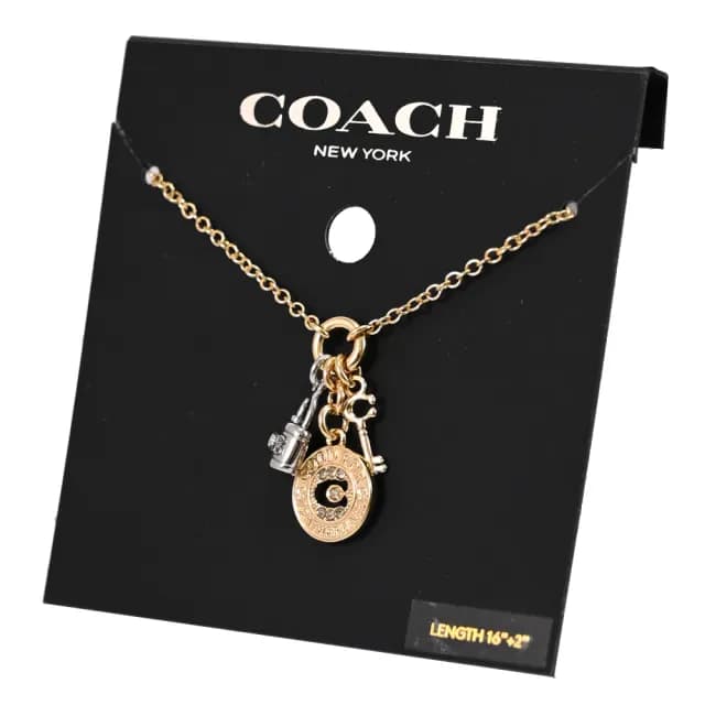 【COACH】品牌LOGO圓牌吊墜鎖釦雙吊飾造型鎖骨項鍊(金/銀)