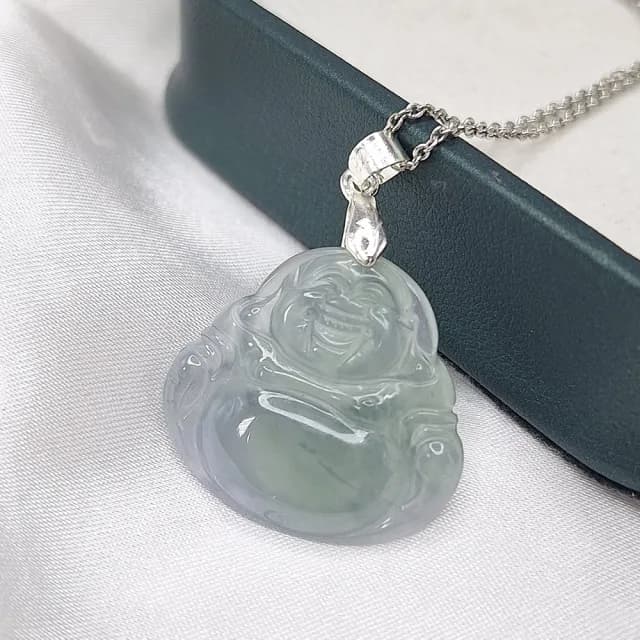 【新鵝娘翡翠】天然A貨翡翠 冰料紫綠稀有色彌勒佛 佛公 鍍銀925 A6183808(翡翠彌勒佛項鍊)