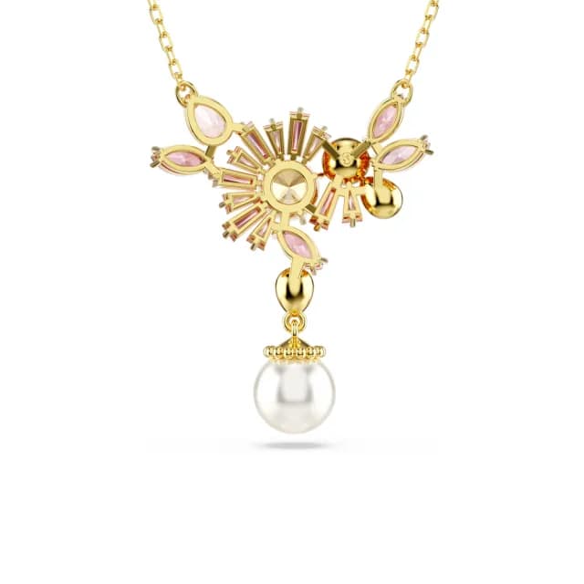 【SWAROVSKI 施華洛世奇】Gema 鏈墜 混合式切割 水晶珍珠 花朵 粉紅色 鍍金色(情人節禮物)