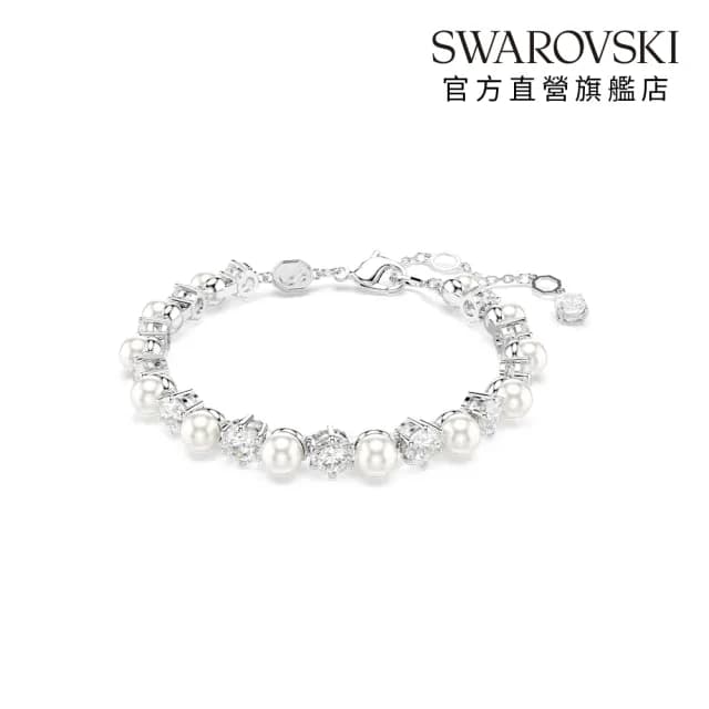 【SWAROVSKI 施華洛世奇】Matrix Tennis 手鏈 水晶珍珠 圓形切割 白色 鍍白金色