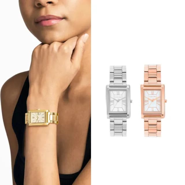 【Michael Kors】Essex 流金復古方型女錶 金色不鏽鋼錶帶 26 MM(多色可選)