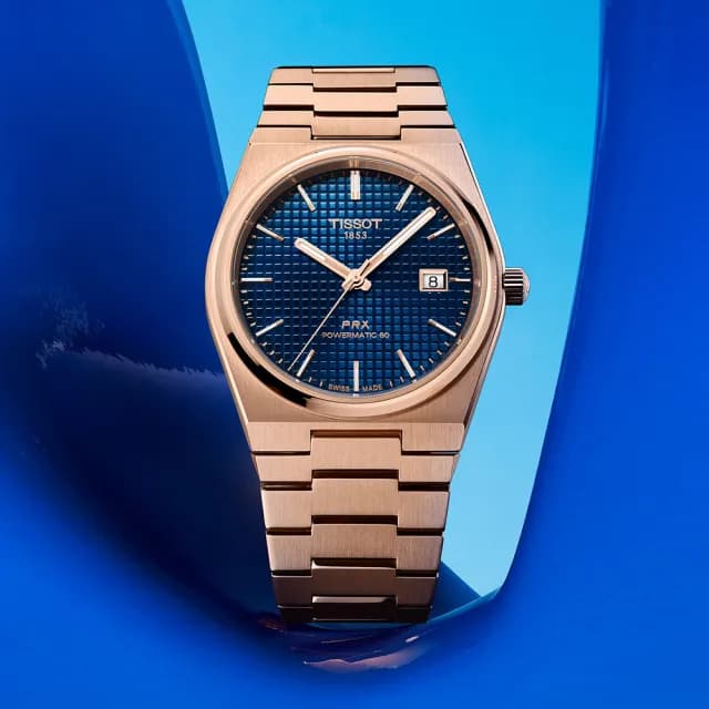 【TISSOT 天梭 官方授權】PRX 70年代復刻機械錶-午夜藍x玫瑰金 送禮 推薦(T1374073304100)