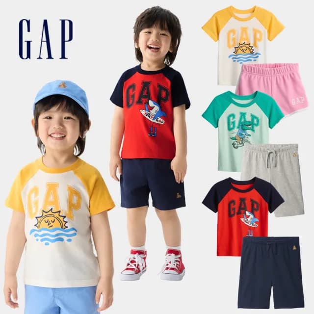 【GAP】男女幼童裝 Logo純棉小熊刺繡印花圓領短袖T恤/抽繩鬆緊短褲-多款任選(781859&707035&778415)