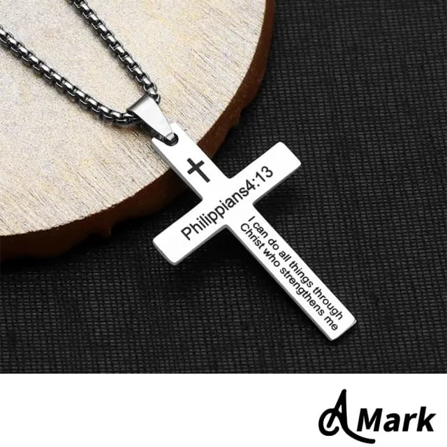 【A MARK】鈦鋼項鍊 十字架項鍊/聖經經文文句刻印十字架造型316L鈦鋼項鍊(鋼色)