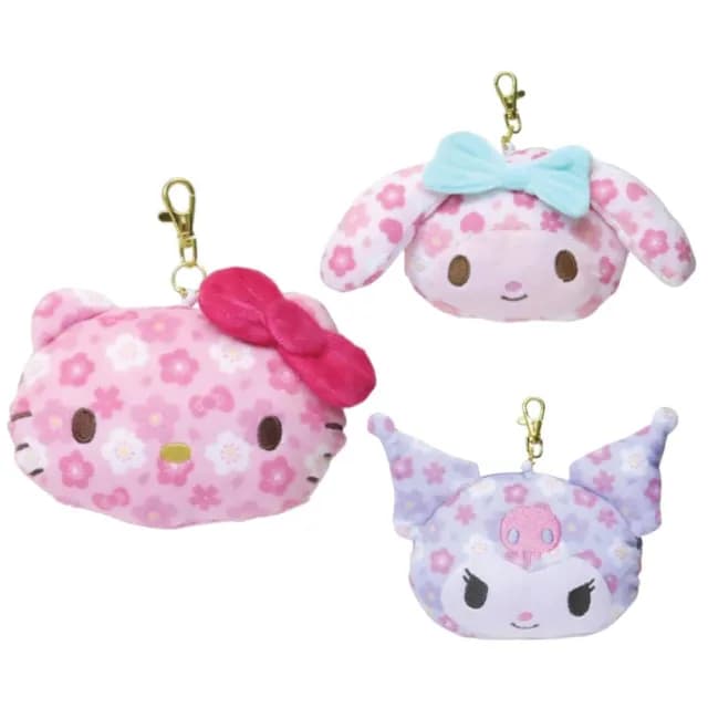 【小禮堂】Sanrio 三麗鷗 絨毛大臉伸縮票卡零錢包吊飾 櫻花款 Kitty 美樂蒂 酷洛米(平輸品)