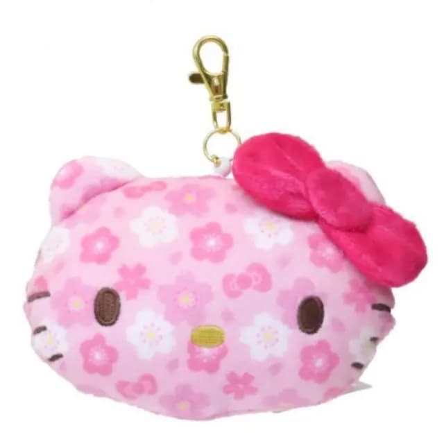 【小禮堂】Sanrio 三麗鷗 絨毛大臉伸縮票卡零錢包吊飾 櫻花款 Kitty 美樂蒂 酷洛米(平輸品)