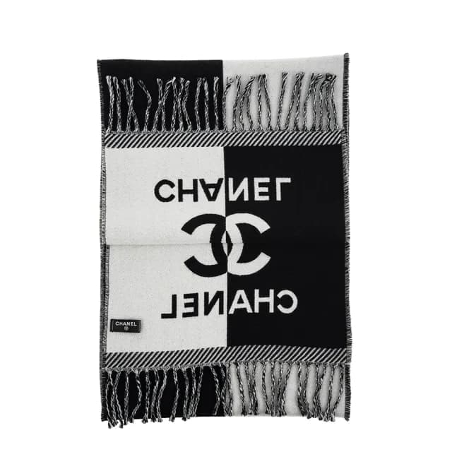 【CHANEL 香奈兒】經典雙色雙C LOGO羊毛流蘇圍巾(黑白)
