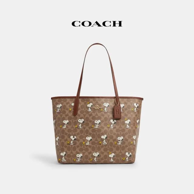 【COACH】蔻馳官方直營 COACH X PEANUTS CITY經典Logo SNOOPY印花托特手袋-IM/棕黃色/棕色 混合色(CBJ89)