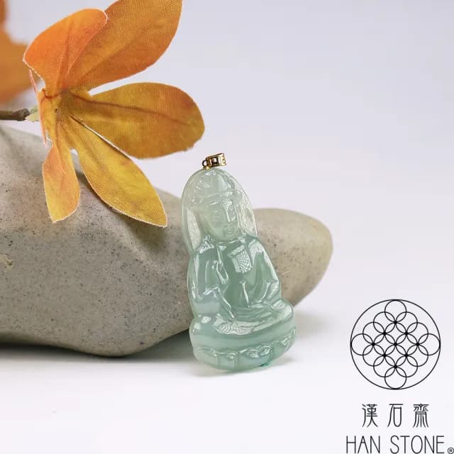 【漢石齋】情人節禮物 天然翡翠A貨 觀音18K金墜頭玉佩吊墜 冰芙蓉種(21*36*4mm)