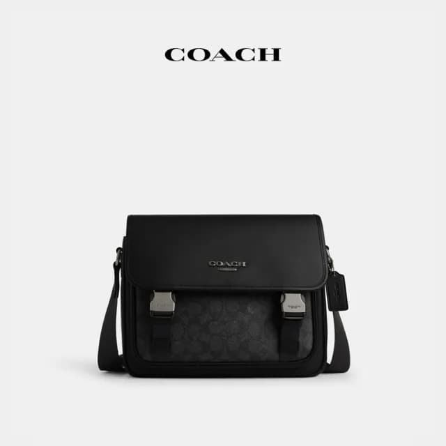 【COACH】蔻馳官方直營 RACER經典Logo郵差包 騎行手袋 騎行包 斜背包-炭黑色/黑色(CT716)