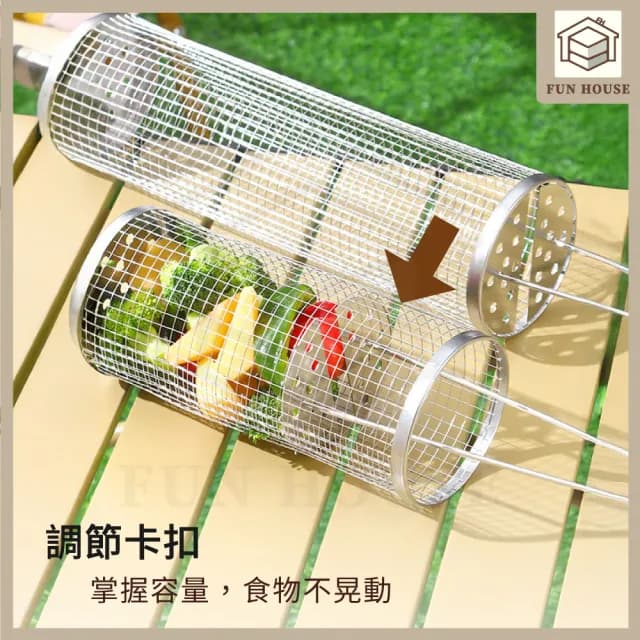 【FUN HOUSE】不鏽鋼燒烤筒-小款2入組(燒烤筒 燒烤籠 中秋節烤肉 BBQ 滾筒燒烤 圓形燒烤 露營 燒烤工具)